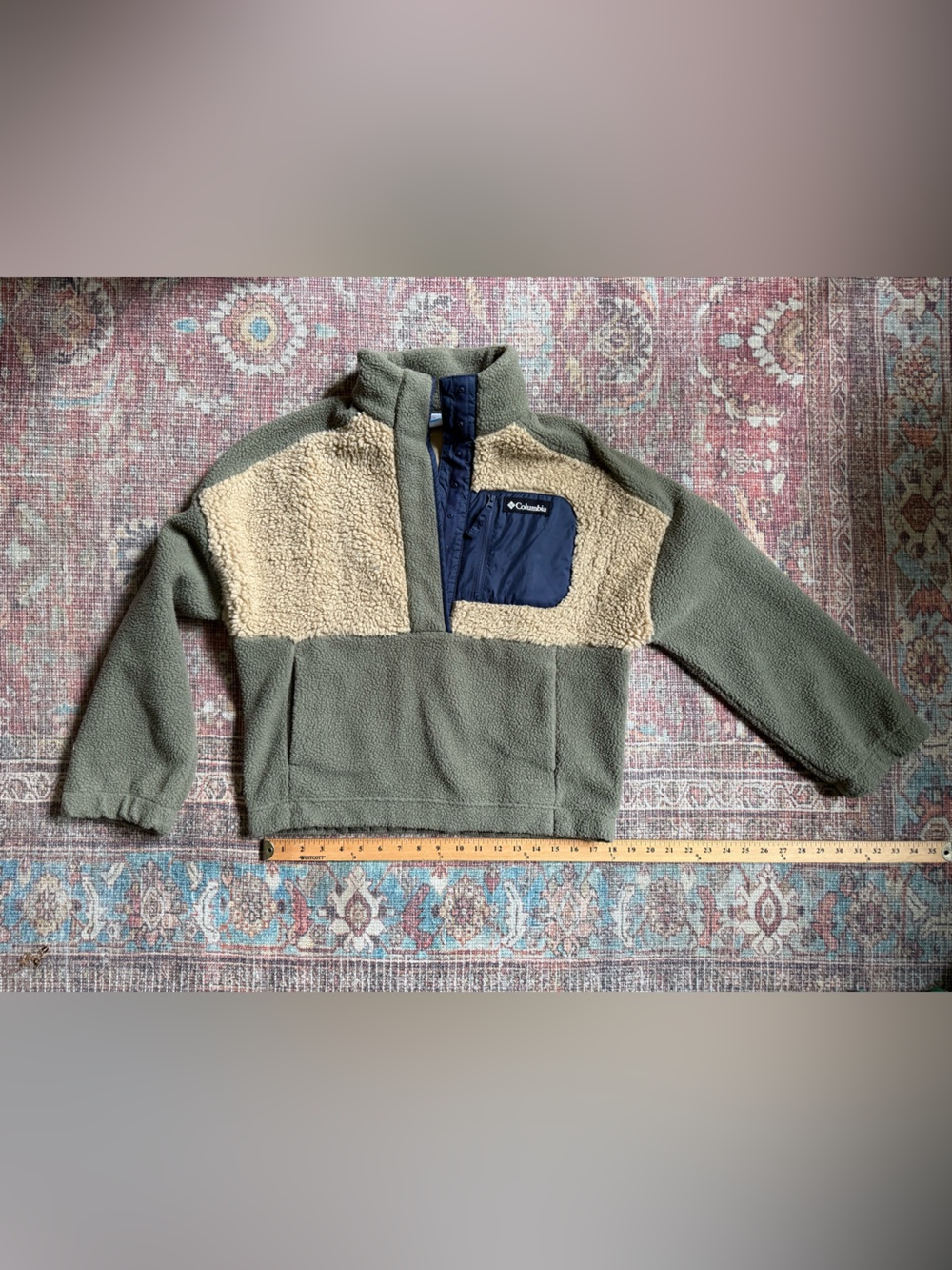 Columbia Lodge Sherpa Women’s Small Olive Green blue snap fleece pullover